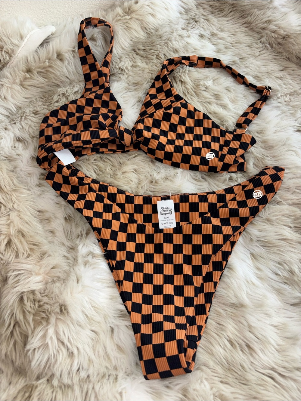 Checkerboard High-Cut Bikini Set in Black and Orange xxl top xxxl bottom NWOT